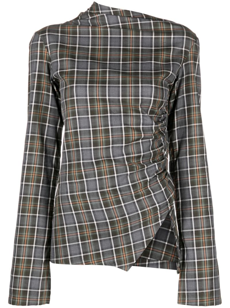 Grey Plaid-print Asymmetric Top