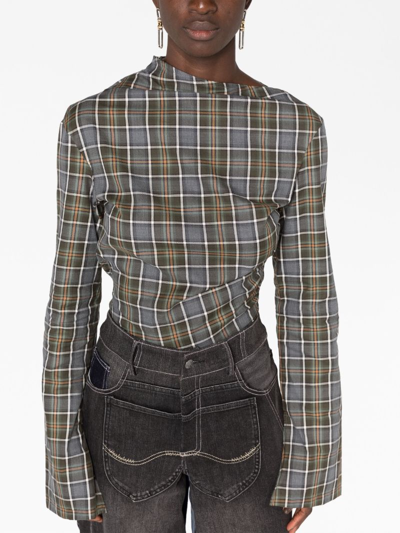 Grey Plaid-print Asymmetric Top