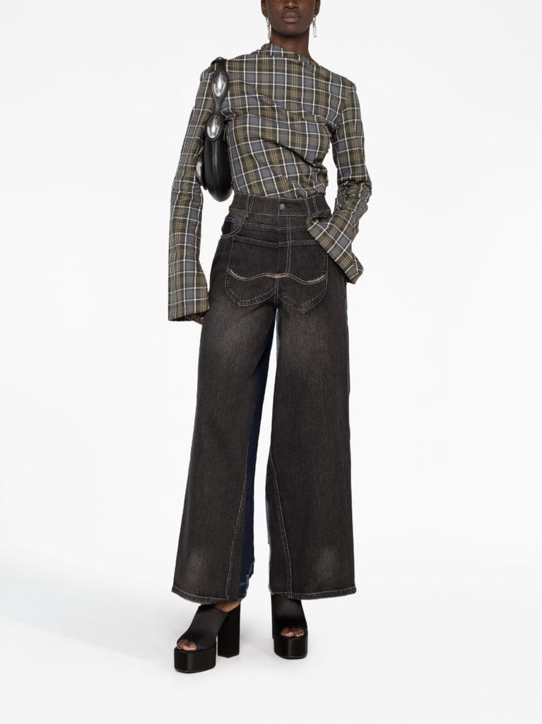 Grey Plaid-print Asymmetric Top