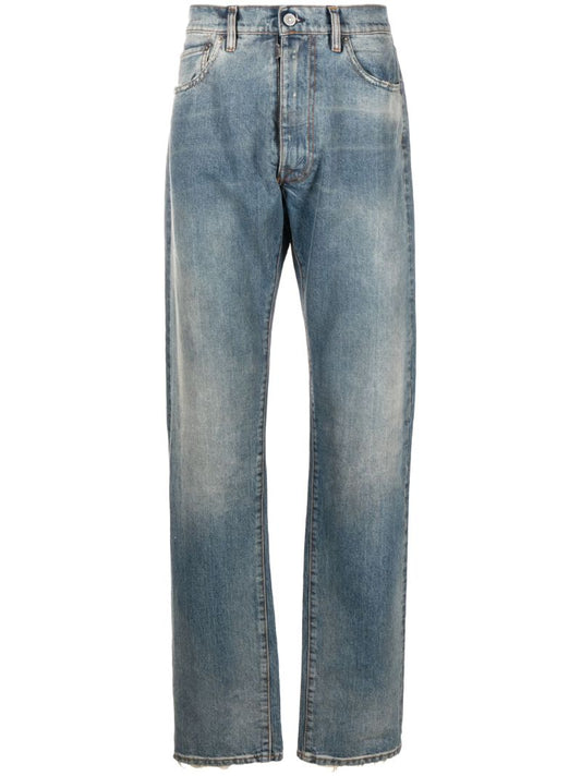 Blue Distressed Straight-leg Jeans