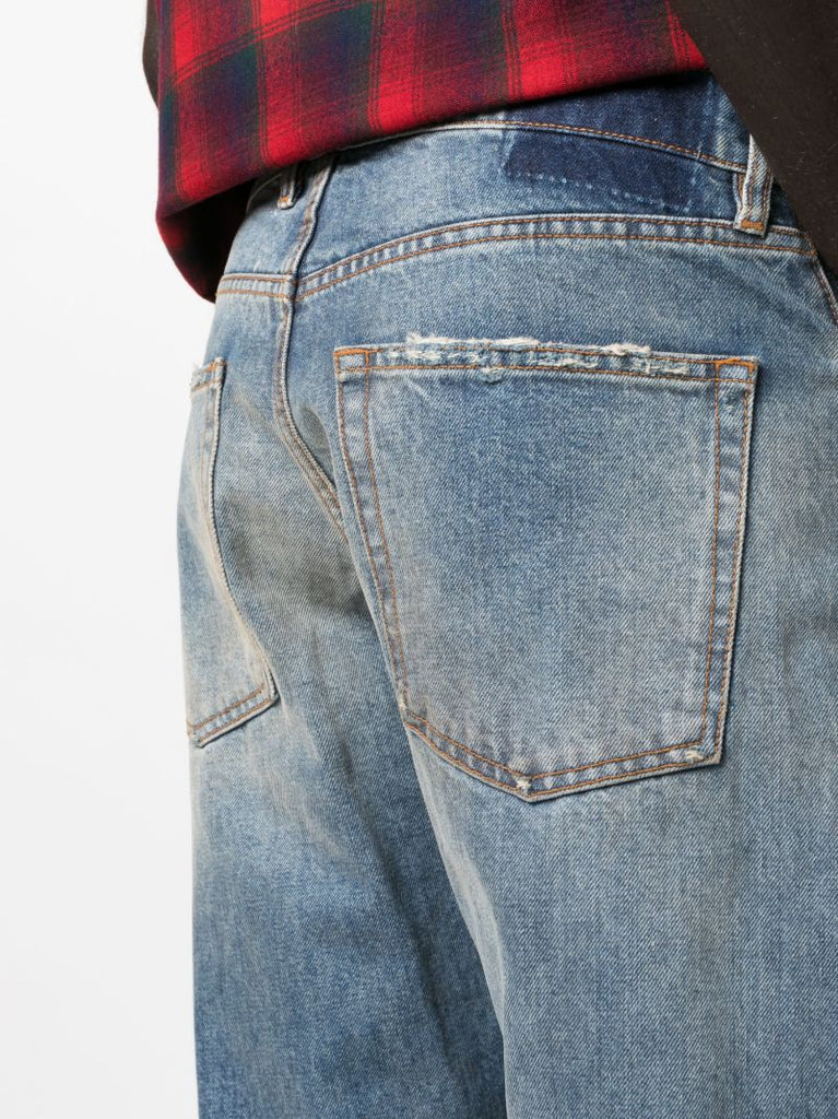 Blue Distressed Straight-leg Jeans