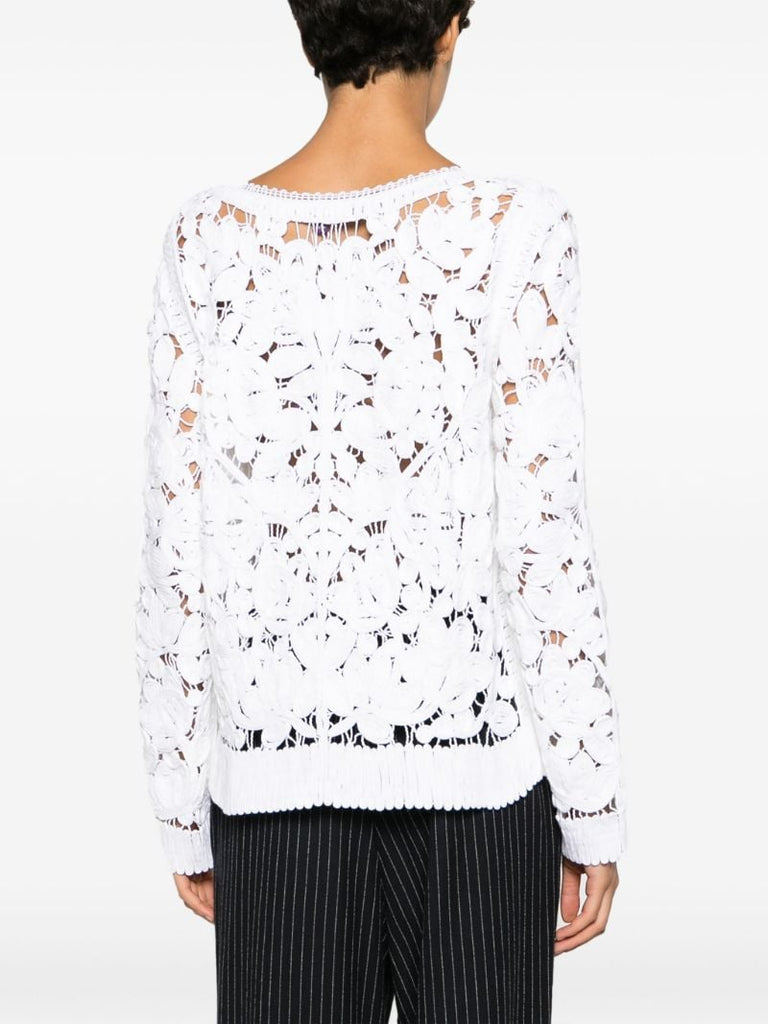 White Floral Crochet Cotton Sweater
