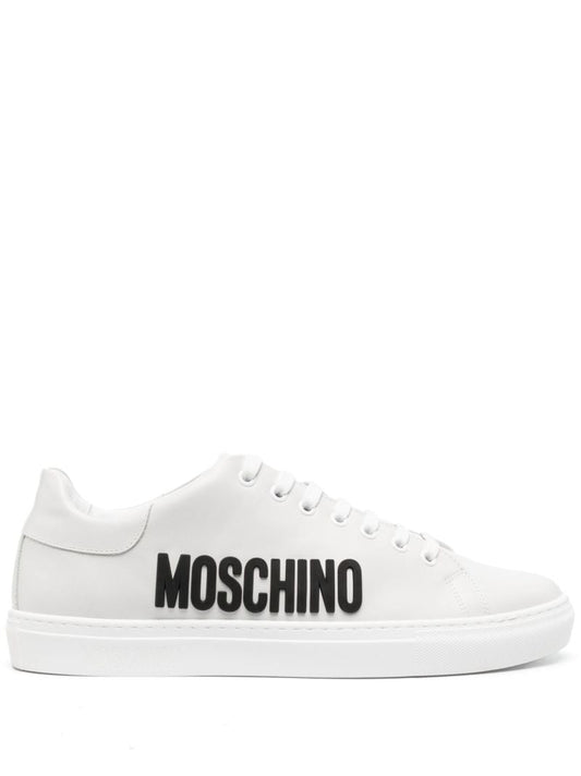White Logo Print Leather Sneakers