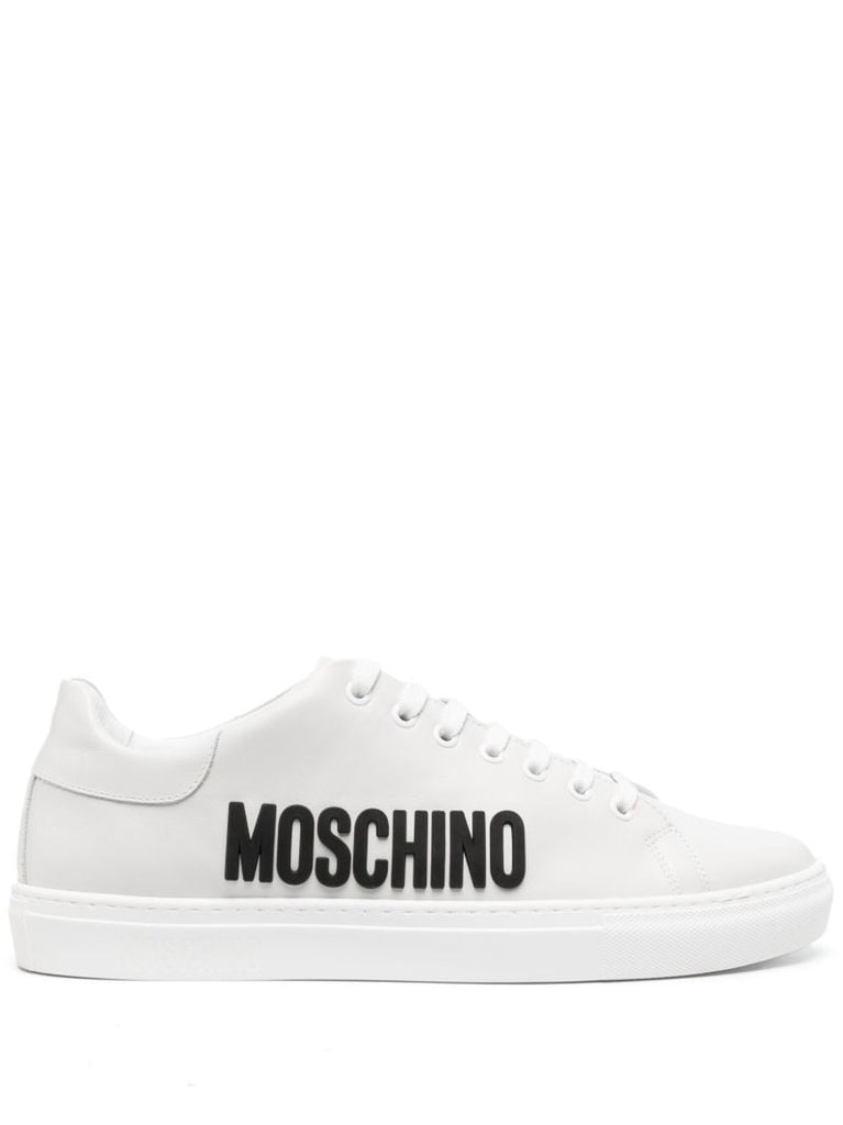 White Logo Print Leather Sneakers