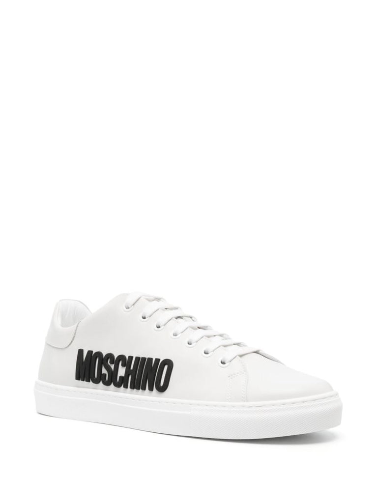 White Logo Print Leather Sneakers