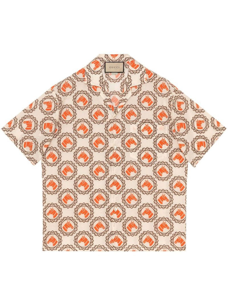 Neutral Geometric Print Short-sleeve Cotton Shirt