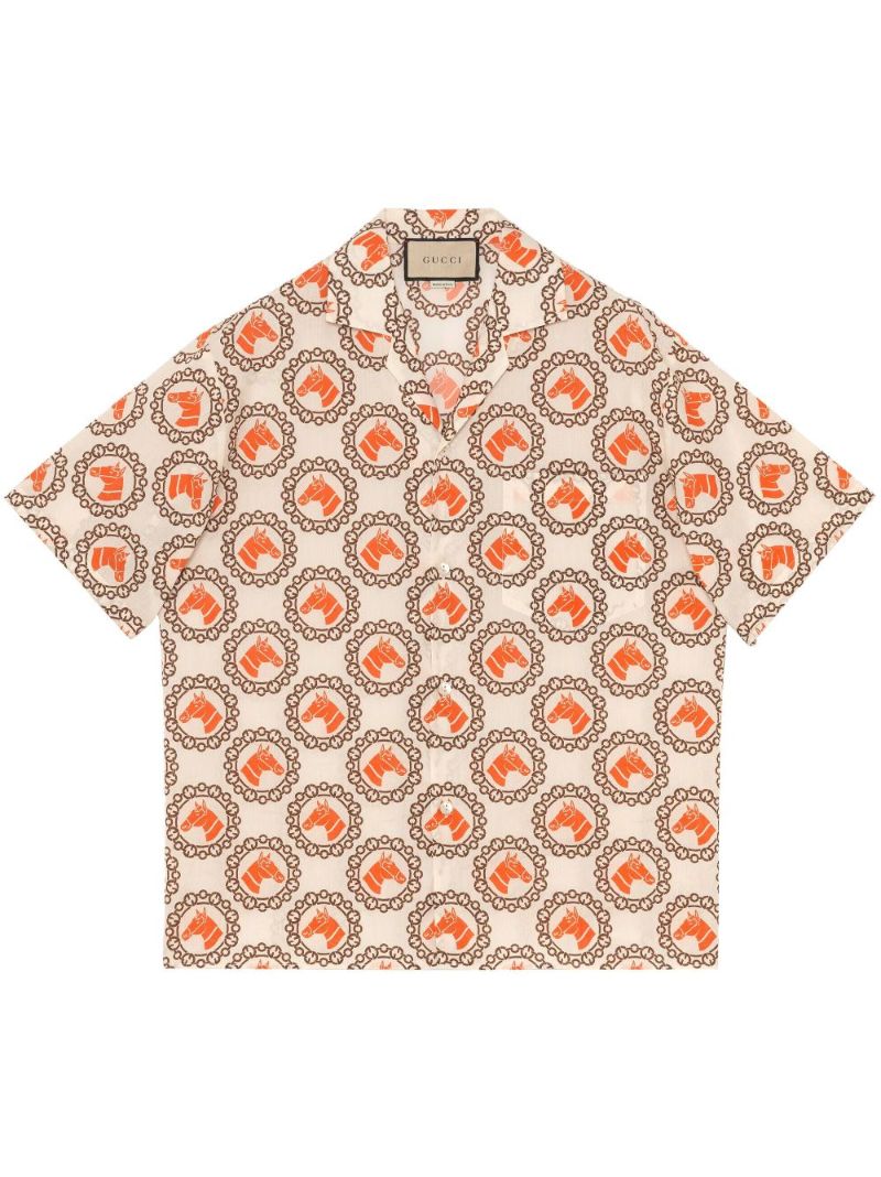 Neutral Geometric Print Short-sleeve Cotton Shirt