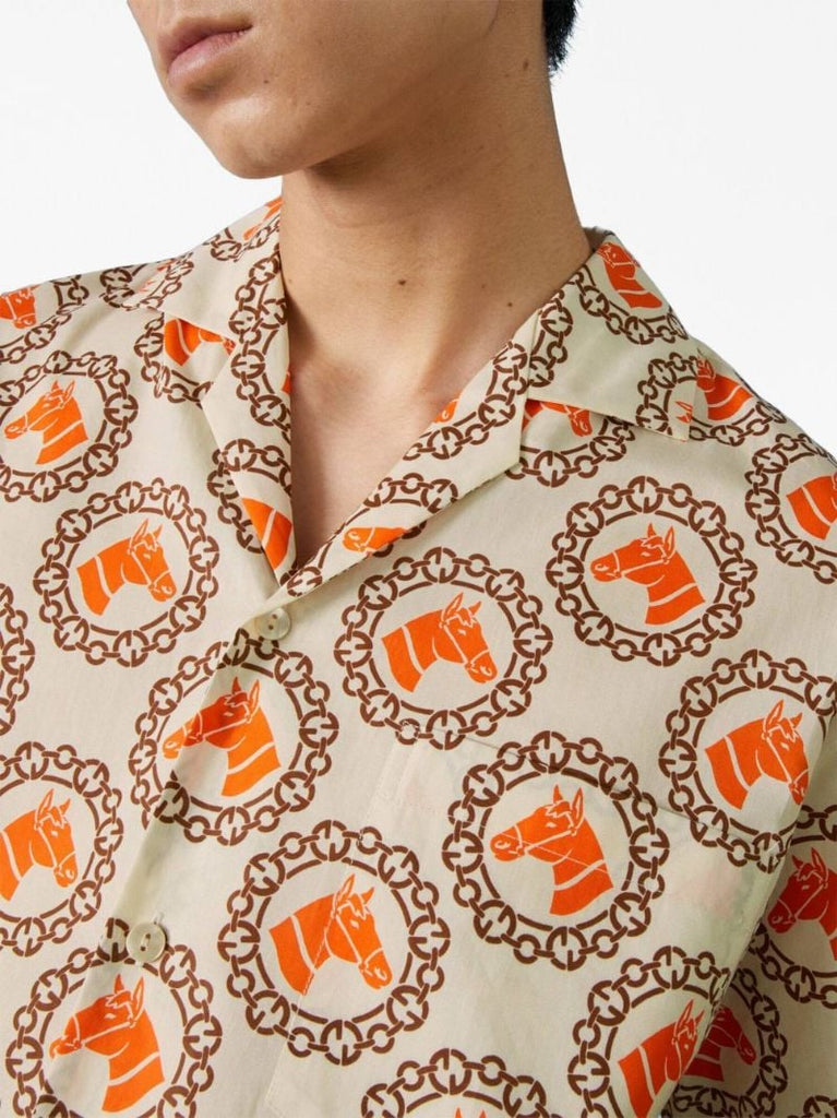 Neutral Geometric Print Short-sleeve Cotton Shirt