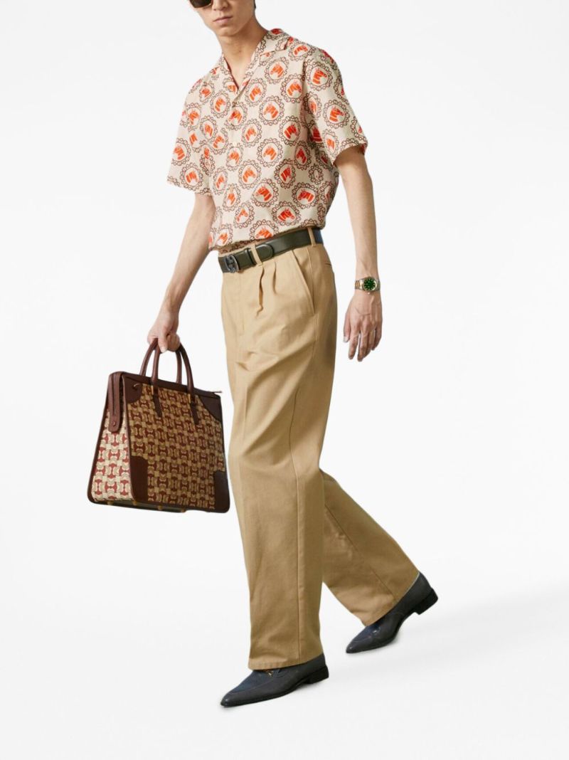 Neutral Geometric Print Short-sleeve Cotton Shirt