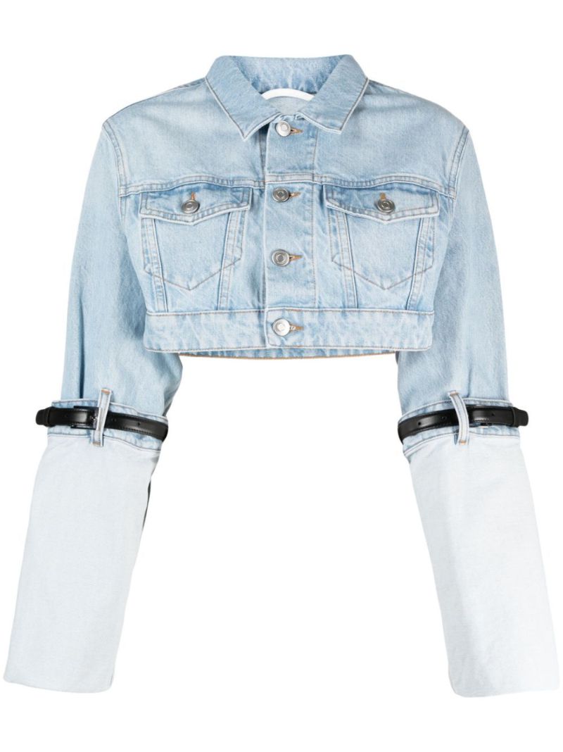 Blue Belted-sleeve Cropped Denim Jacket