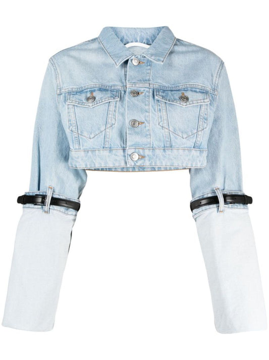 Blue Belted-sleeve Cropped Denim Jacket