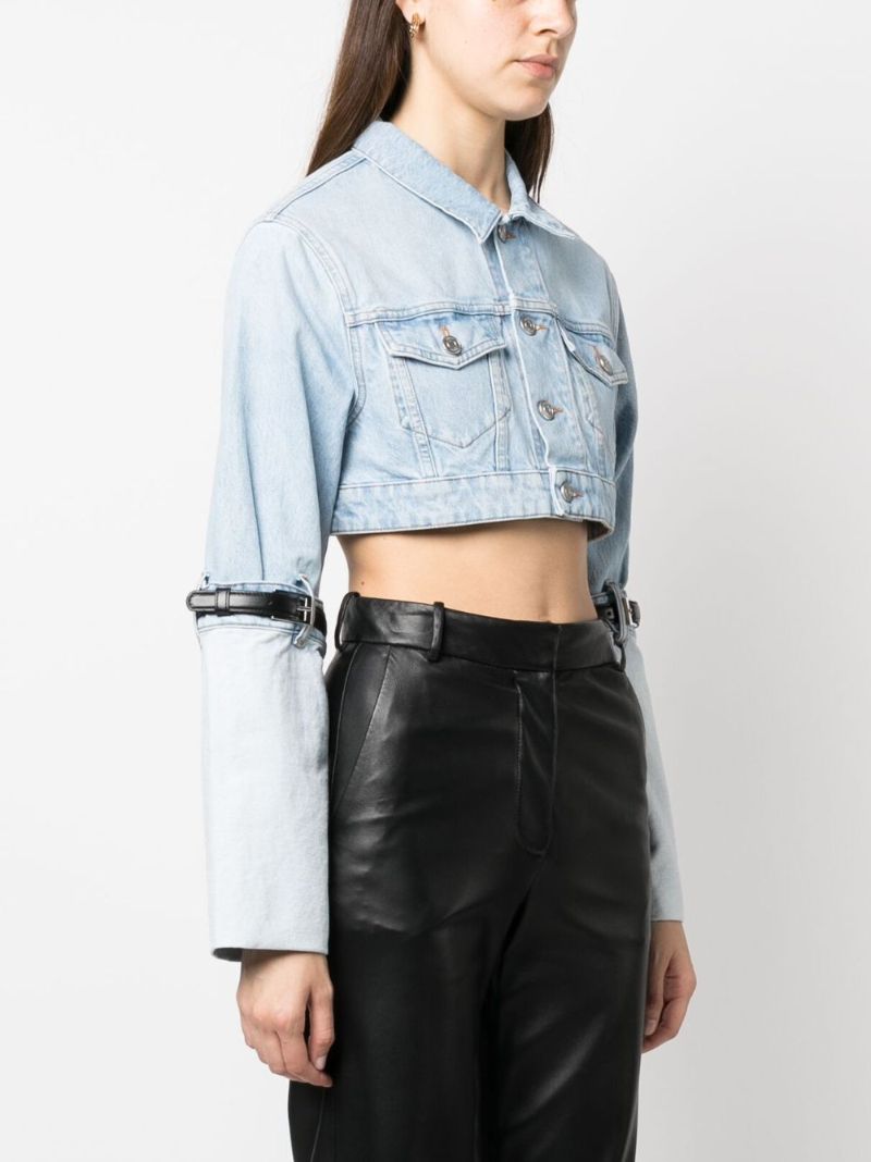 Blue Belted-sleeve Cropped Denim Jacket
