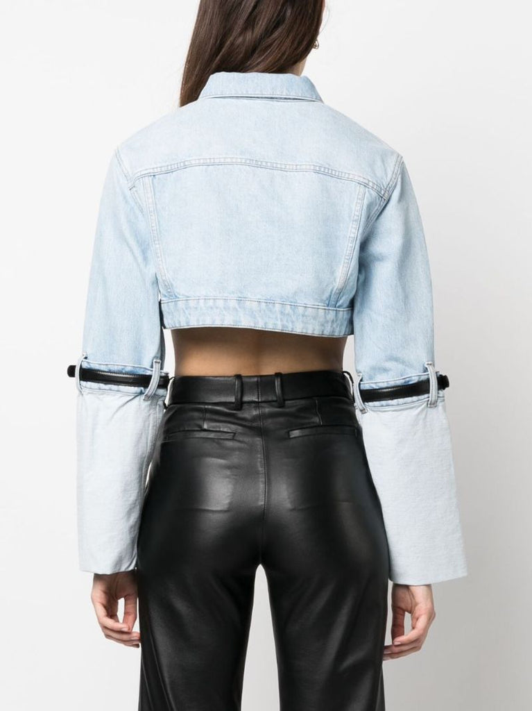 Blue Belted-sleeve Cropped Denim Jacket
