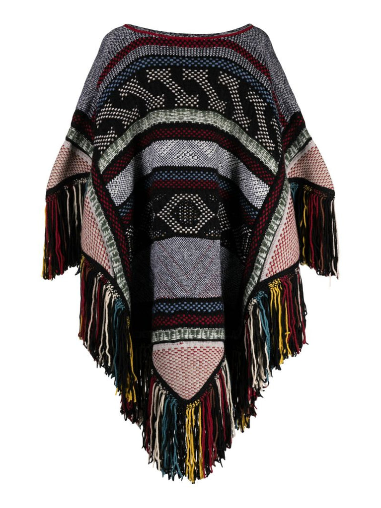 Black Fringed Jacquard Wool Cape