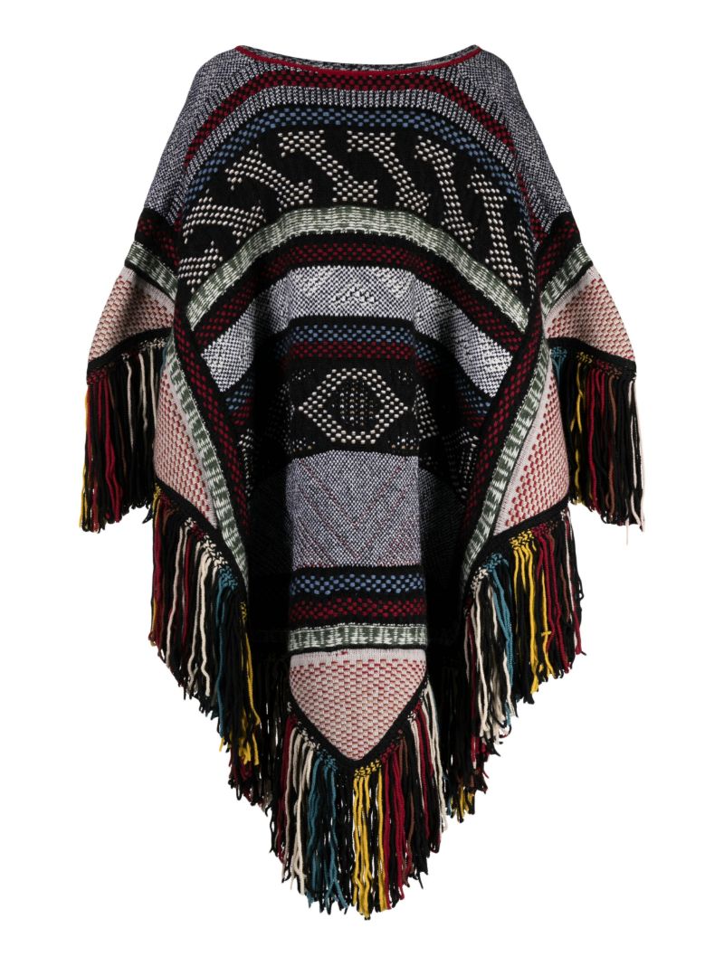 Black Fringed Jacquard Wool Cape