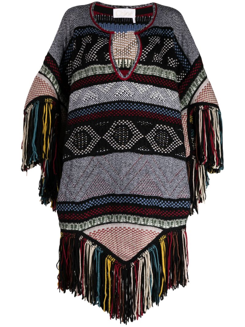 Black Fringed Jacquard Wool Cape