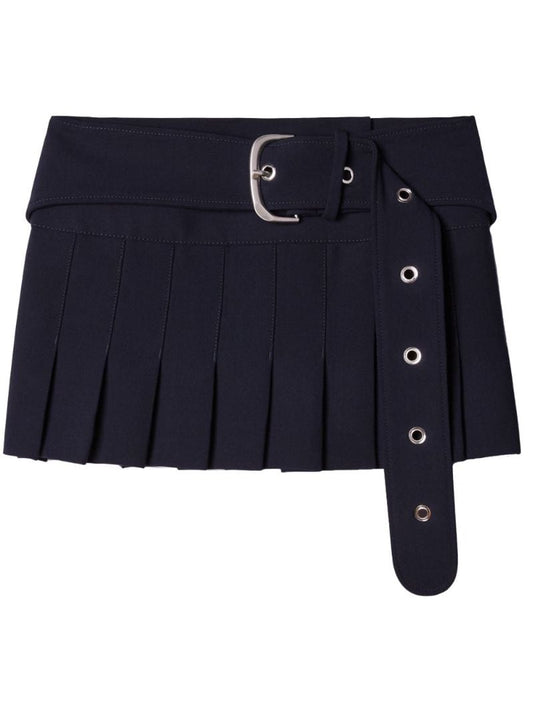 Blue Belted Pleated Wool Mini Skirt