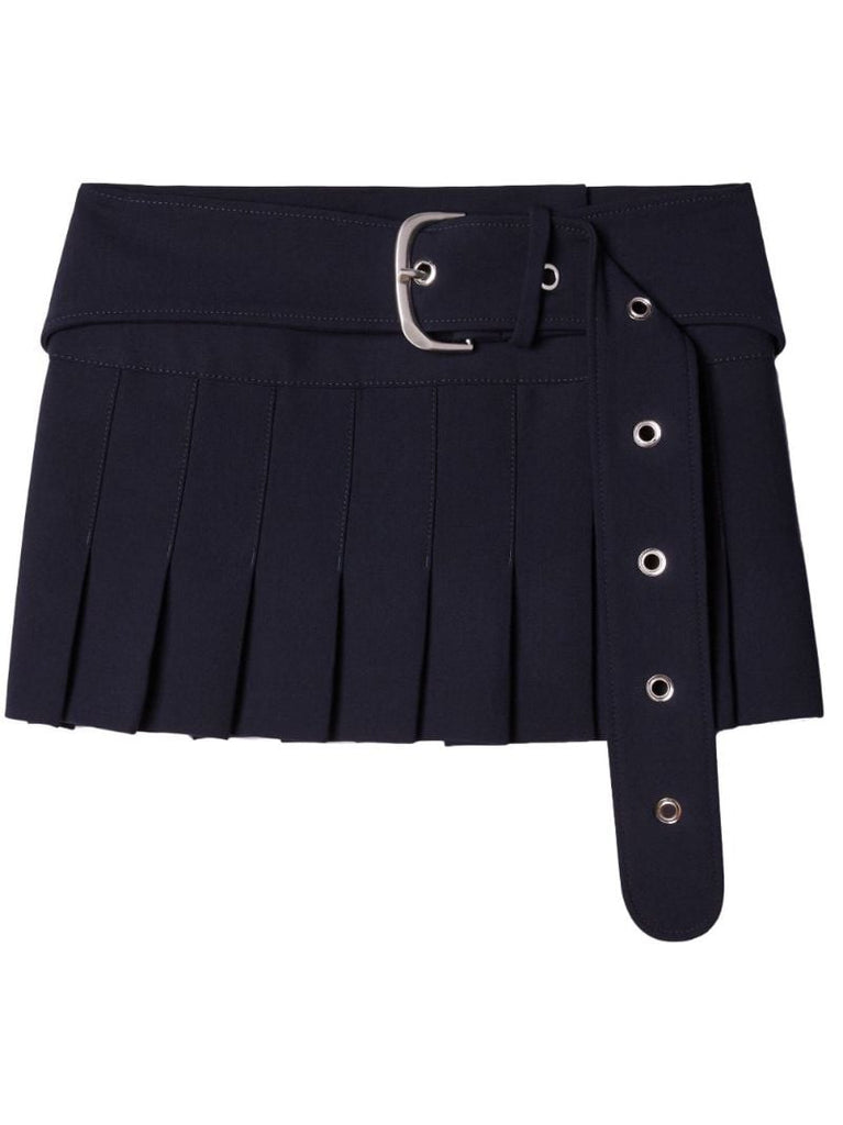 Blue Belted Pleated Wool Mini Skirt