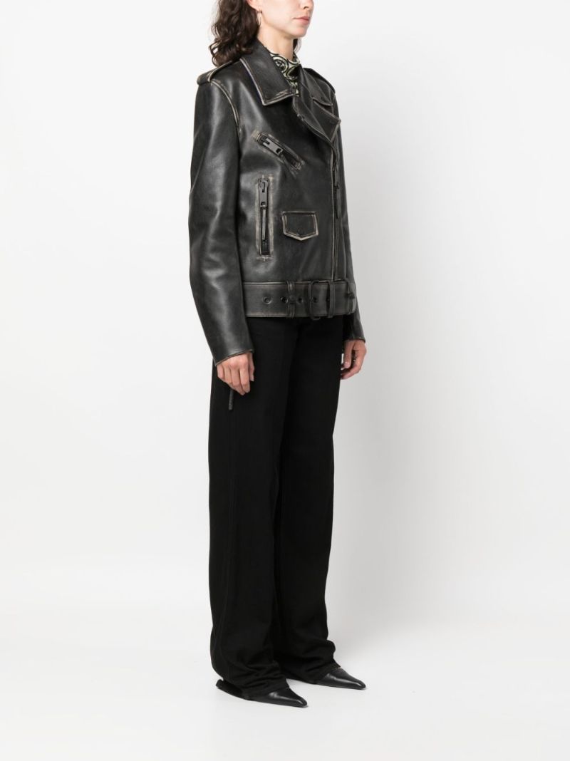 Black Faded Effect Leather Biker Jacket