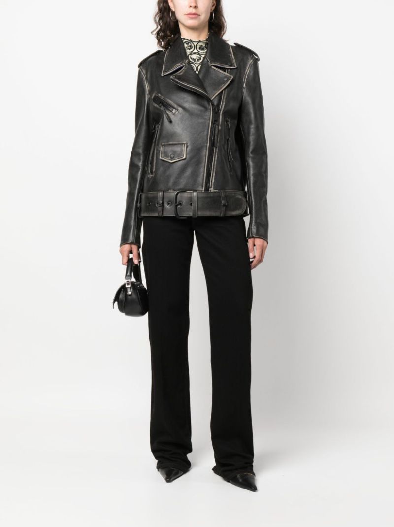Black Faded Effect Leather Biker Jacket