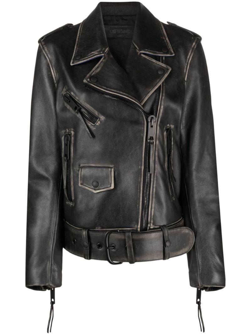 Black Faded Effect Leather Biker Jacket