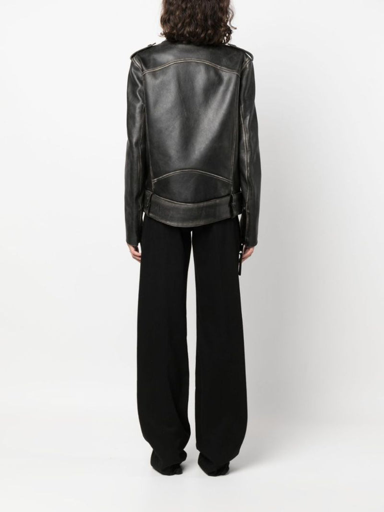 Black Faded Effect Leather Biker Jacket