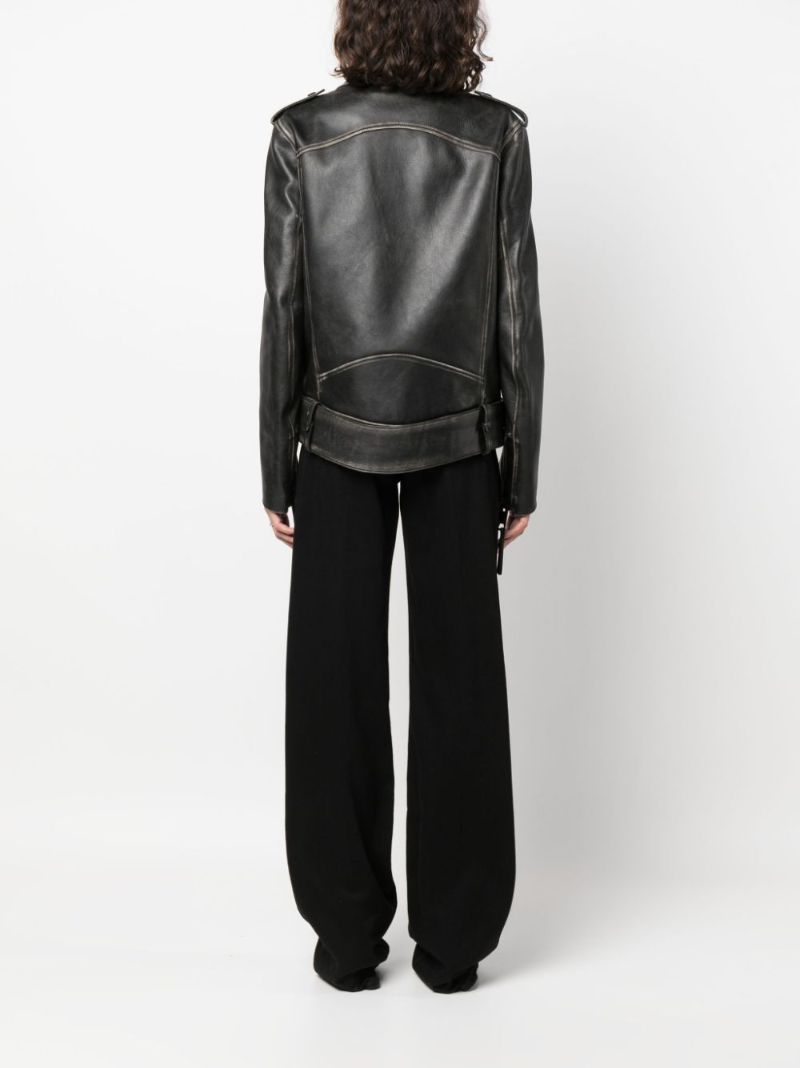 Black Faded Effect Leather Biker Jacket