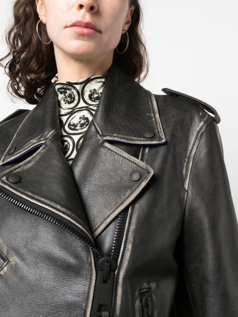 Black Faded Effect Leather Biker Jacket