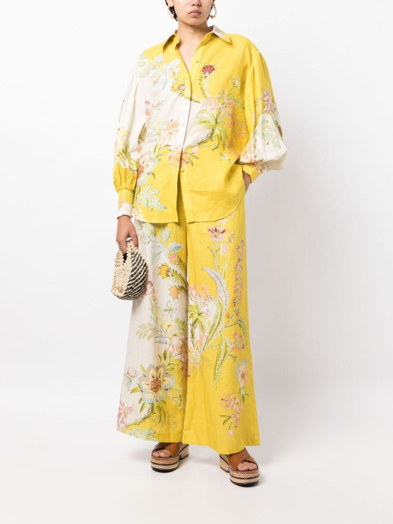 Yellow Ira Printed Linen Wide-leg Trousers