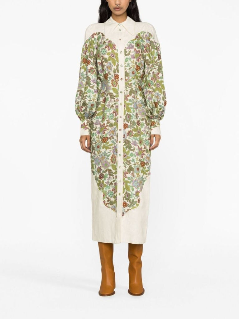Neutral Isabella Floral-print Linen Midi Dress