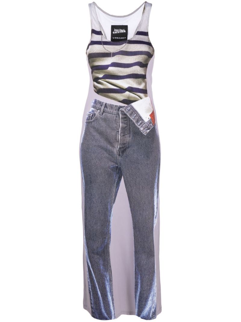 X Jean Paul Gaultier Blue Trompe L'oeil Mariniere Maxi Dress