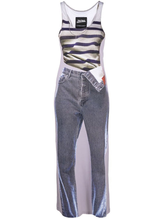 X Jean Paul Gaultier Blue Trompe L'oeil Mariniere Maxi Dress