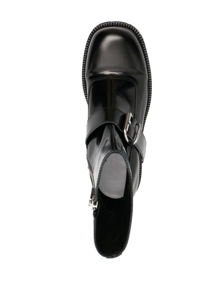 Black Buckle Leather Ankle Boots