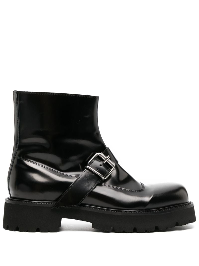 Black Buckle Leather Ankle Boots