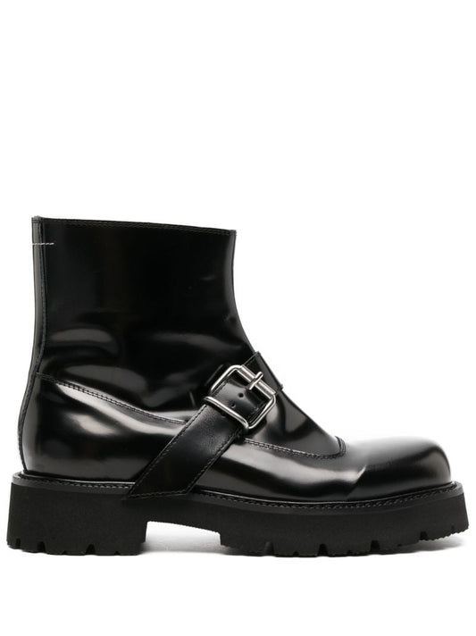 Black Buckle Leather Ankle Boots
