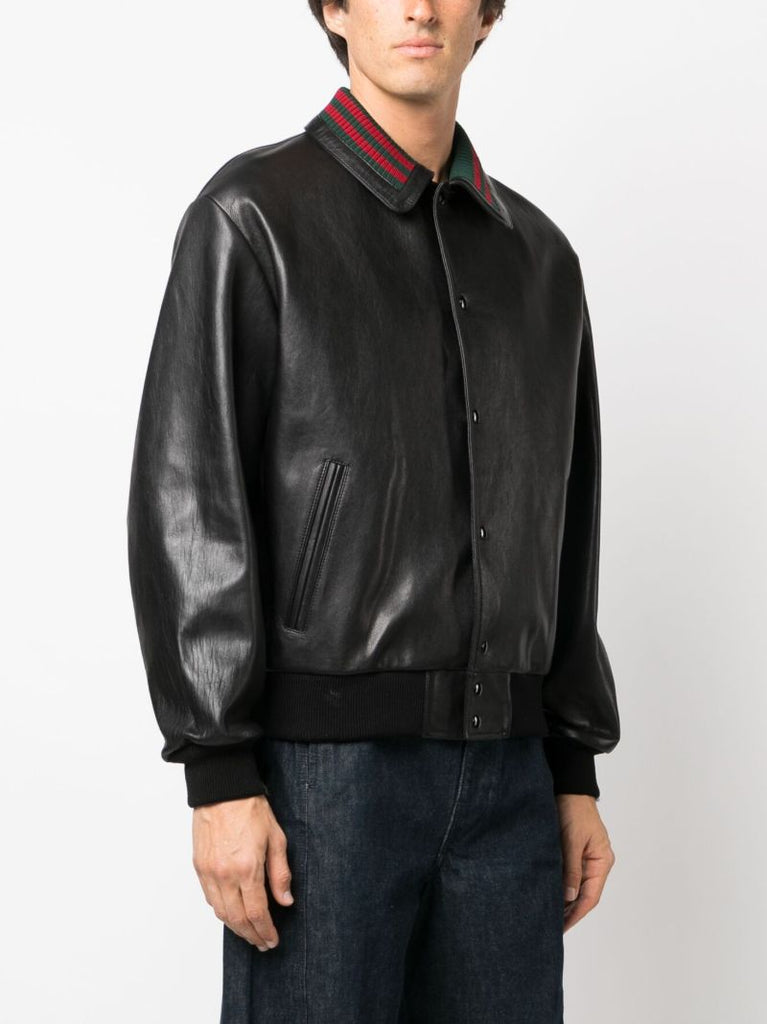 Black Web-detail Leather Jacket