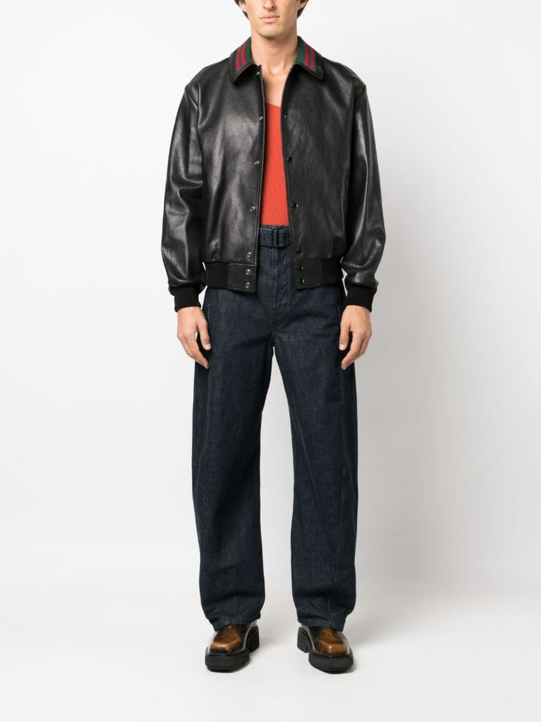 Black Web-detail Leather Jacket
