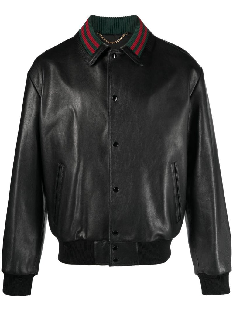 Black Web-detail Leather Jacket