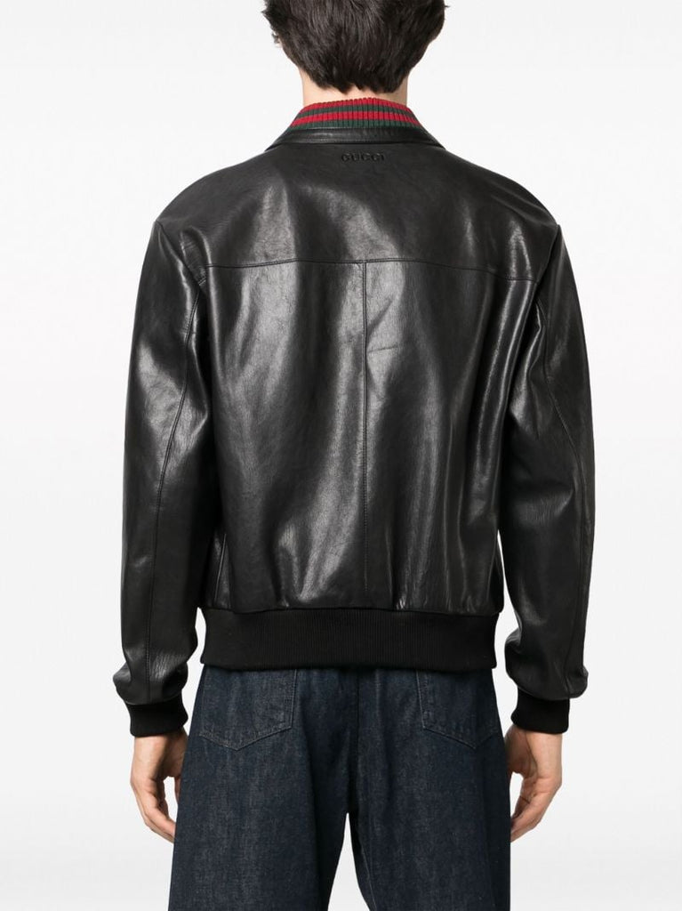 Black Web-detail Leather Jacket