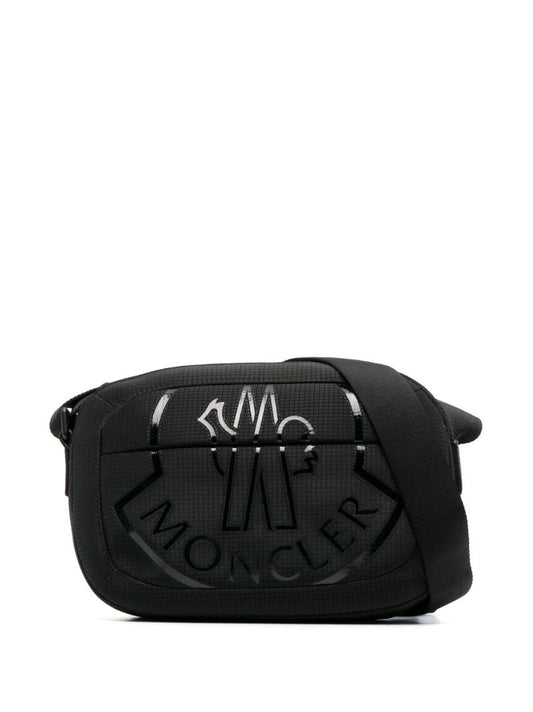 Black Cut Logo Print Messenger Bag