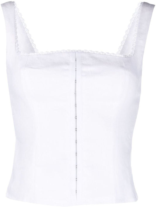White Tagliatelle Lace-trimmed Linen Top