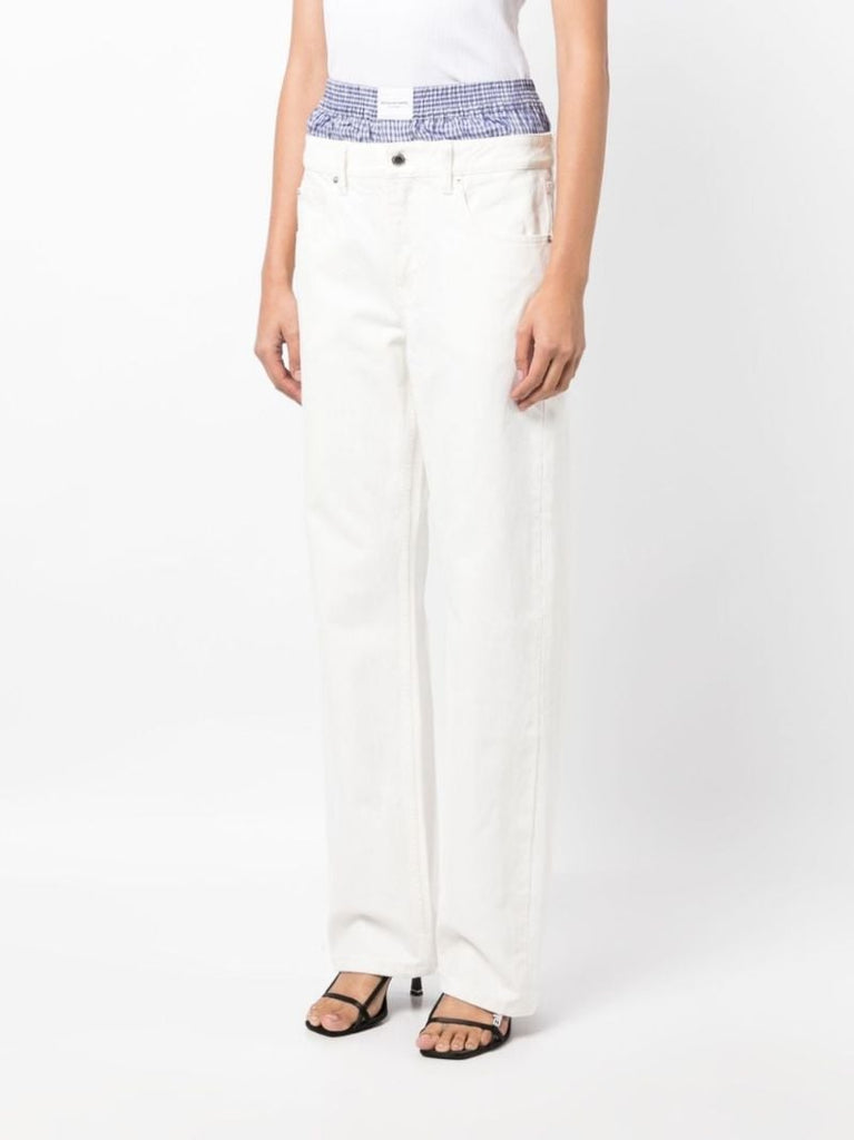 White Layered-waist Straight-leg Jeans