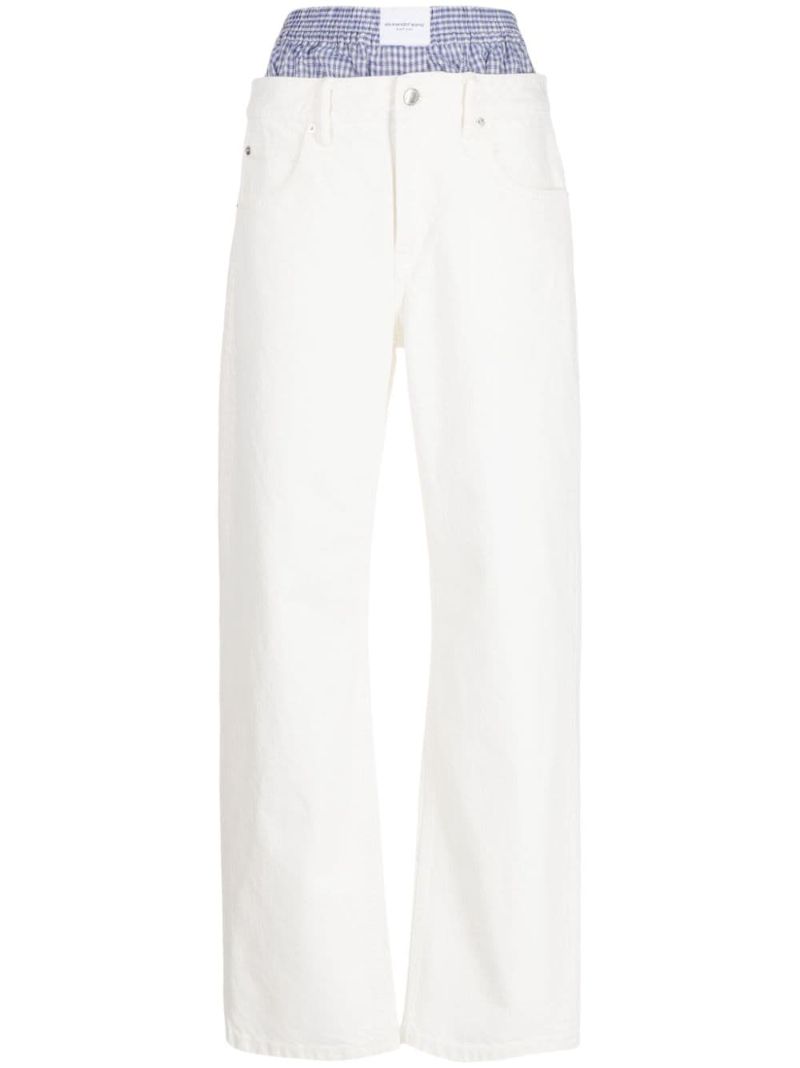 White Layered-waist Straight-leg Jeans