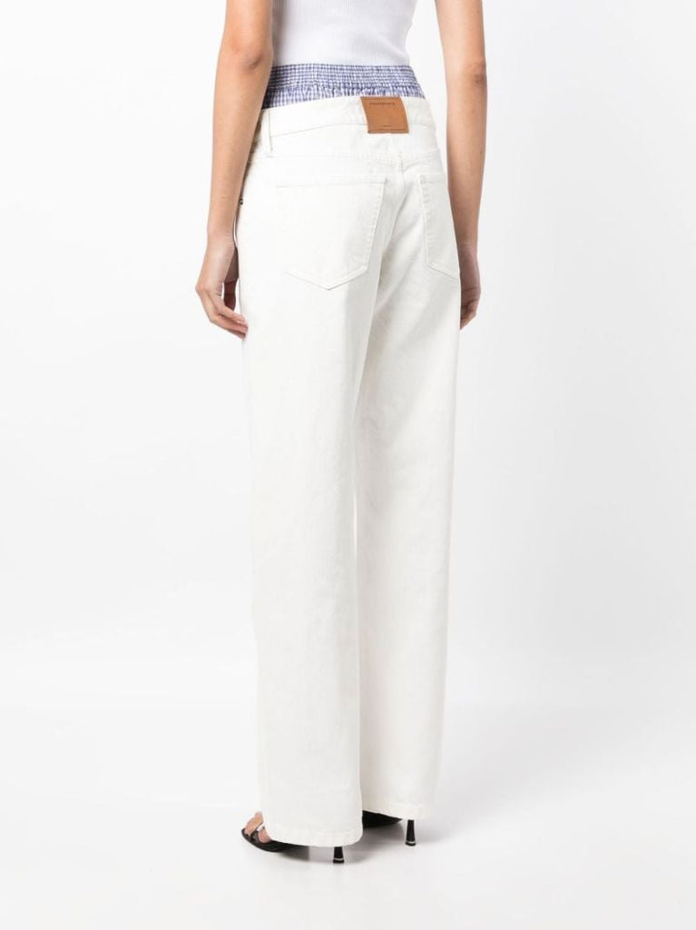 White Layered-waist Straight-leg Jeans