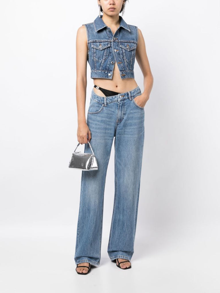 Blue Asymmetric Waistband Straight Leg Jeans