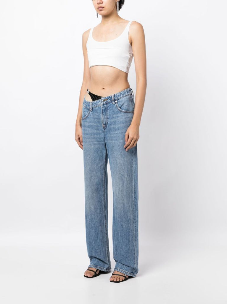 Blue Asymmetric Waistband Straight Leg Jeans