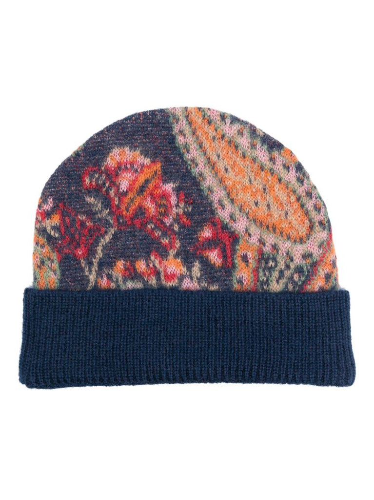 Blue Paisley-jacquard Beanie Hat