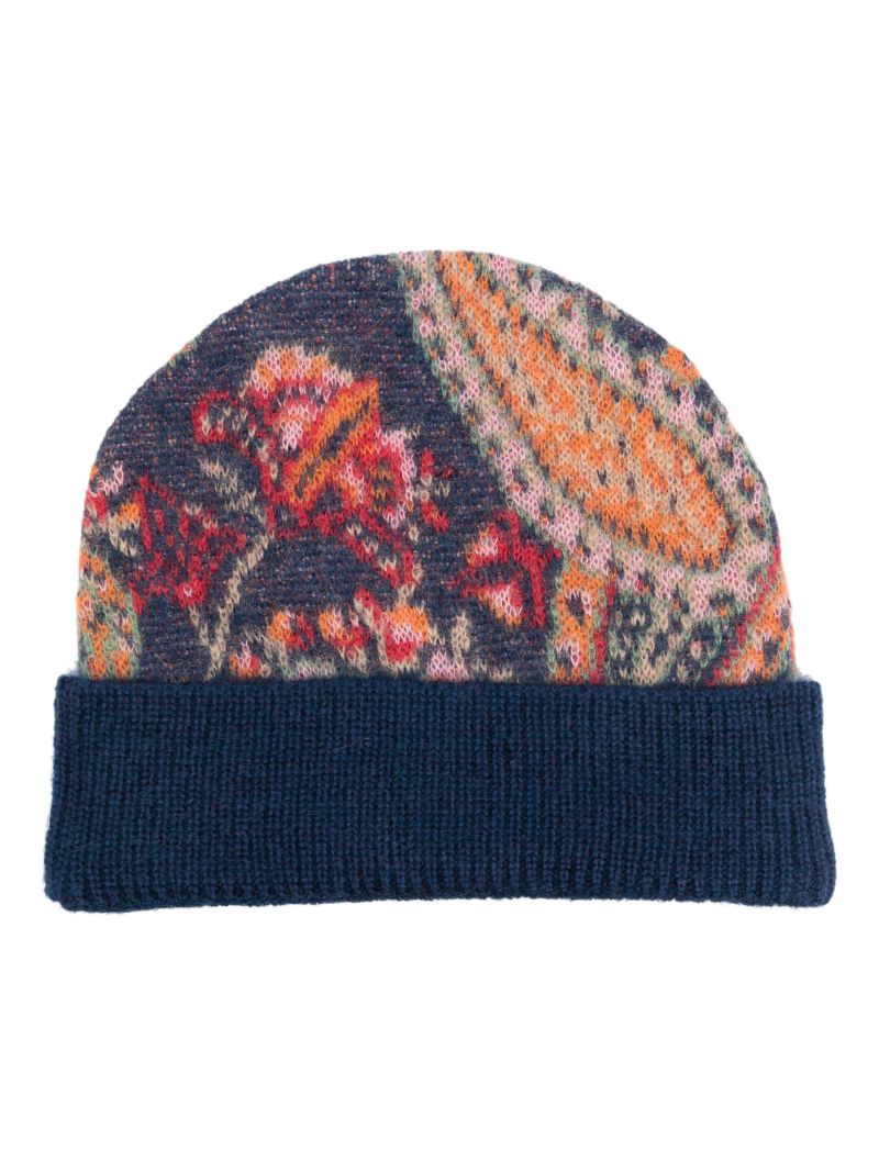 Blue Paisley-jacquard Beanie Hat