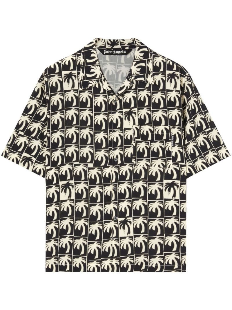 Black Palm-tree Print Bowling Shirt
