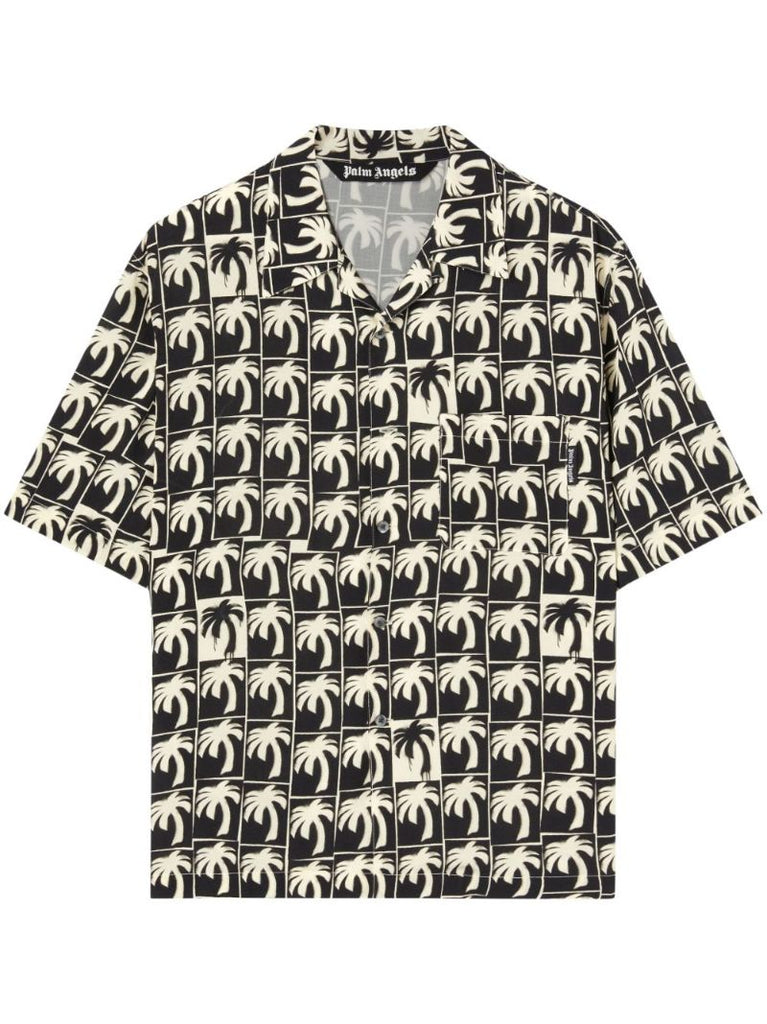 Black Palm-tree Print Bowling Shirt